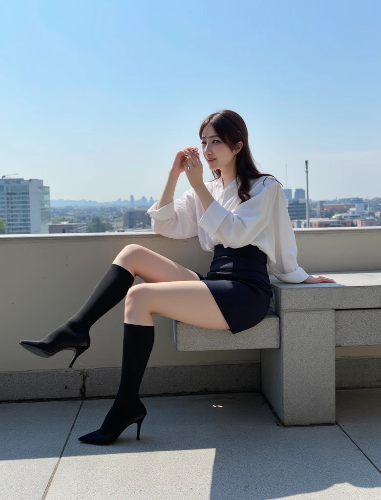 1Girl, black_Short_heads, bangss, white_Shorts, ((blazer)), Sock, white_Sneakers,
((looking_al_viewer)), Sitting_down, Chair,
(From below), ((blue_sky, clouds)), white_Wall,