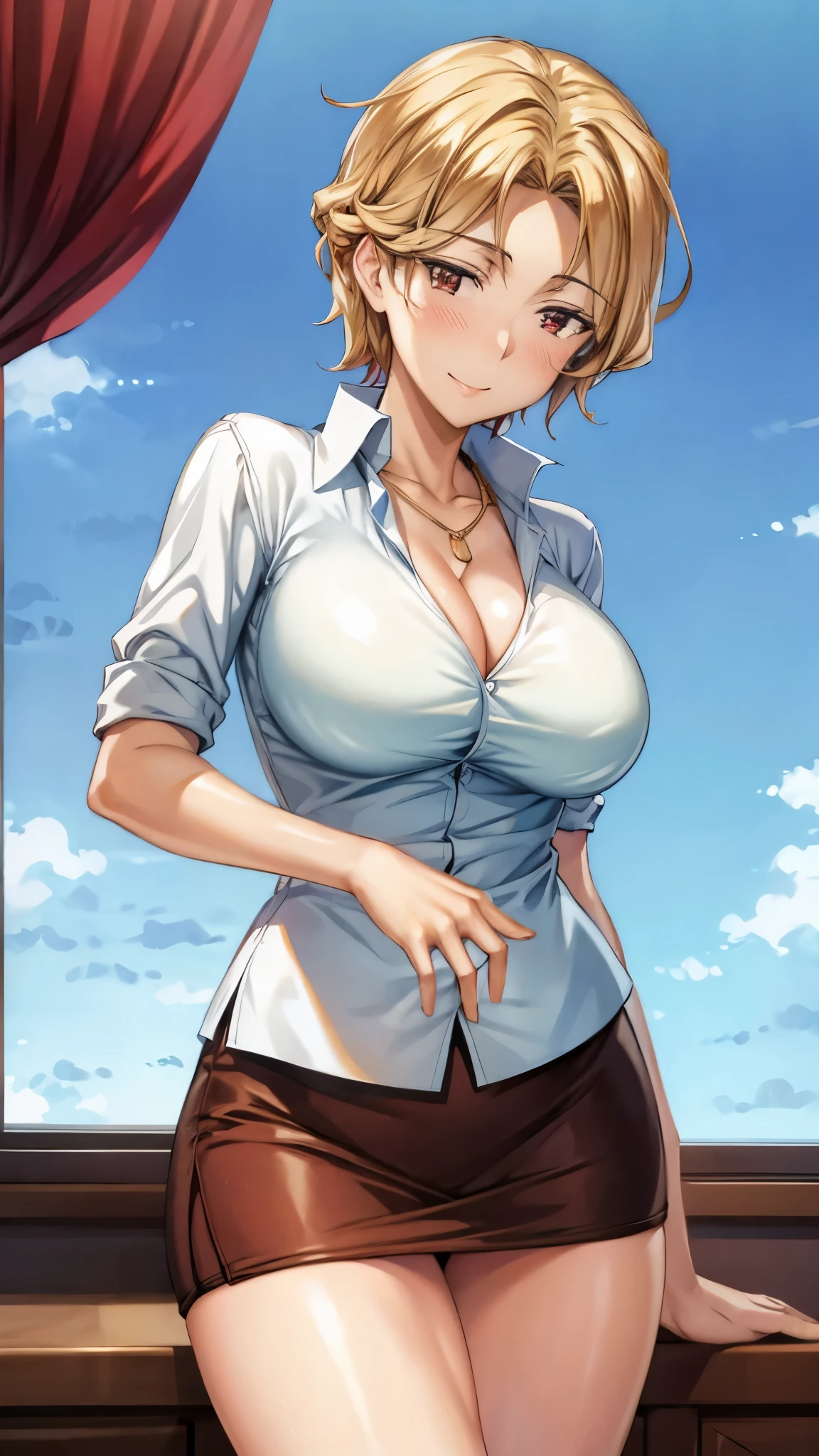 ((best quality)),((highly detailed)),masterpiece,absurdres,detailed face,beautiful face,(detailed eyes, deep eyes),1girl,  Tomo, solo, long blond wavy curly hair, red eyes, short skirt , sky, day, cloud, pleated skirt, leopard print panty, outdoors, shirt button up cleavage, looking at viewer, open clothes, standing, white shirt unbotten cleavage, Gyaru, Big breast, tanned skin, Thick lips, a lot of earpierce, Necklace,Bracelet, Half eye open, Smile, (((Tanned skin))),((Blond colored hair)),1girl,Solo,(Blond hair),Smug expression,Glossed lip, Chocker