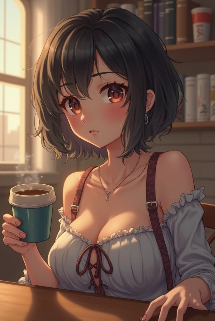 detailed illustration, ultra-detailed, illustration, 1girl, young woman, beautiful, cleavage, short black hair, black eyes, sitting at dining room table, night, coffee on table, sad, crying, empty hands