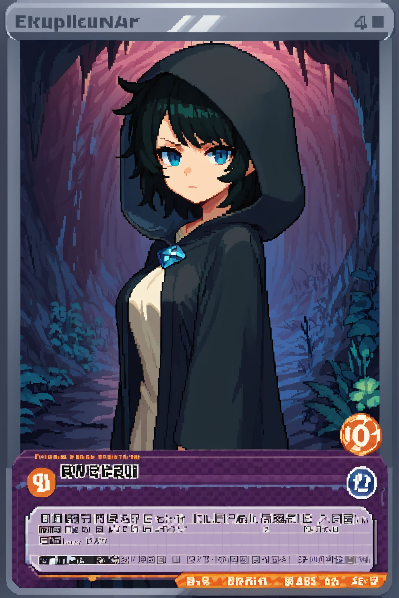 score_9, score_8_up, score_7_up, source_anime, 1girl, solo, pixel art, tr4dingcard, card (medium), english_test, common_rarity_icon, N, trading_card, white_trade_card_frames, BREAK 

Short hair, black hair, swept bangs, emotionless eyes, medium breasts, messy hair BREAK 

Black cloak, hood up, wide sleeves BREAK 

Looking at viewer, holding staff, closed mouth, portrait, serious face, closed mouth, cave interior, (purple cave), overgrown plants