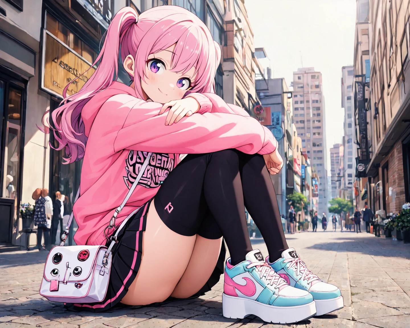 Anime style、1 girl in、cuerpo completo Esbian、Mostrar las sonrisas、{peinado en:(cabello rosado)、(Longhaire),(Pelo de antena),(de doble cola)}、ojos rosados、sudadera con capucha rosa、Pendientes de cuatro hojas、Minifalda rosa、black pantyhose, Calcetines altos blancos、para estar de piepink sneakers、Frontal composition