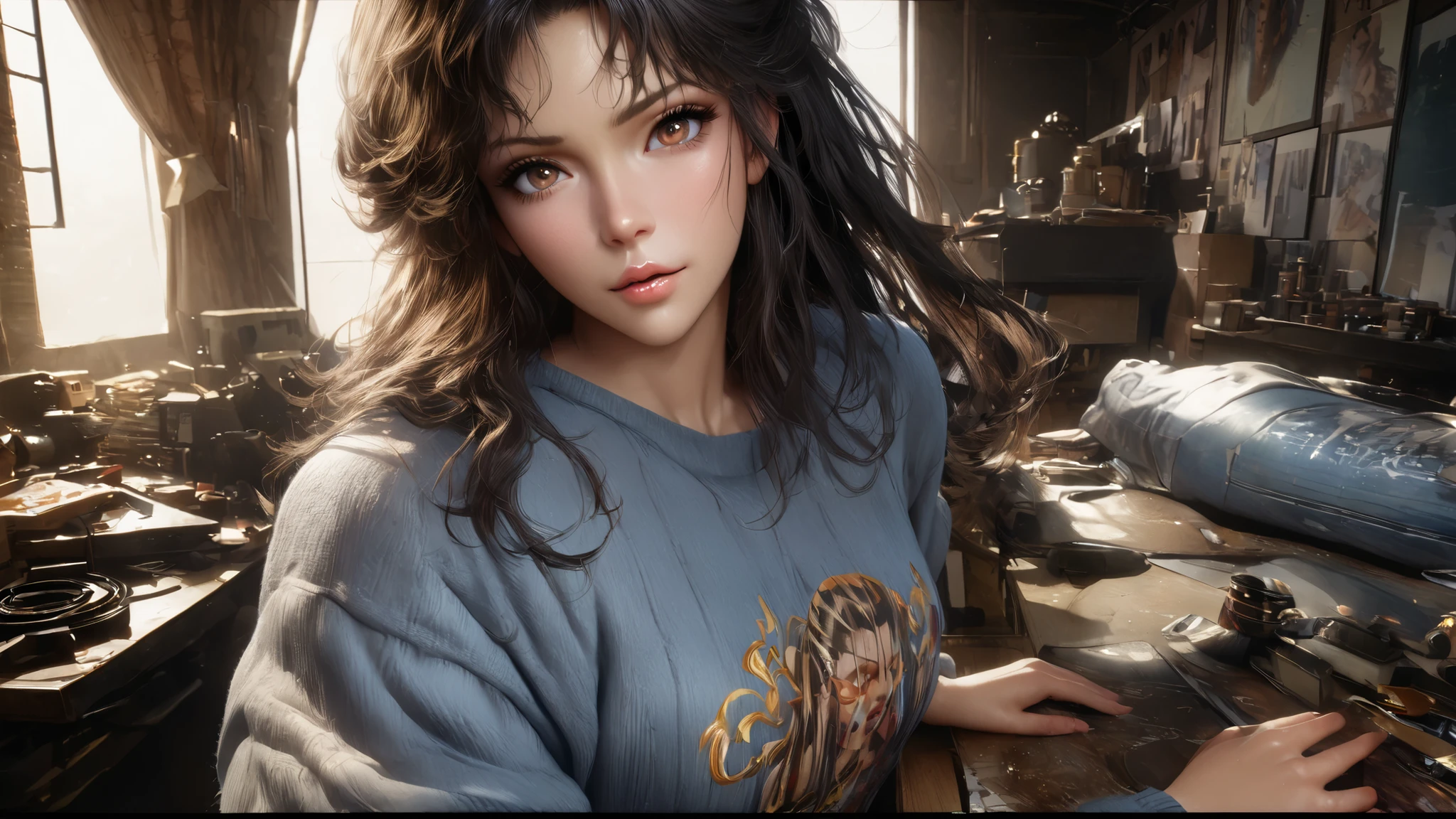 Masterpiece, best quality, very detailed, ultra-high resolution, (photorealistic sweatshirt: 1.8), unreal_engine, фотография, realistic sweatshirt_skin_texture, wallpaper, 1 boy, Hayato Kasukabe, Japanese face, (ultra detailed face), 8 k, is gaining popularity on ArtStation, very detailed , best quality, overdetailed, realistic sweatshirt, Hitomi Kisugi , 1 girl, Beautiful girl, long black hair, beautiful detailed eyes, beautiful lips with detailed elaboration, eyelashes, beautiful eyes, beautiful brown eyes, detailed face, pretty face, pretty face, blue jumpsuit, dressed in blue, thin yellow belt around the waist, bright colors, HDR, studio lighting, sharp focus, in action in relation to the viewer, poses for the viewer