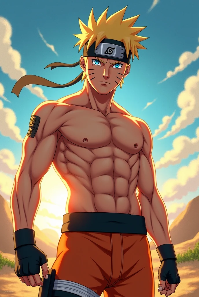 (Huge, strong, muscular thigh muscles) Uzumaki Naruto, lots of sweat flowing down, topless, shirtless, sunny, shiny skin, bodybuilder, 8-pack abs, huge, solid muscular chest muscles, muscles huge muscular, sinewy biceps, cute baby face (close-up) arms behind his back