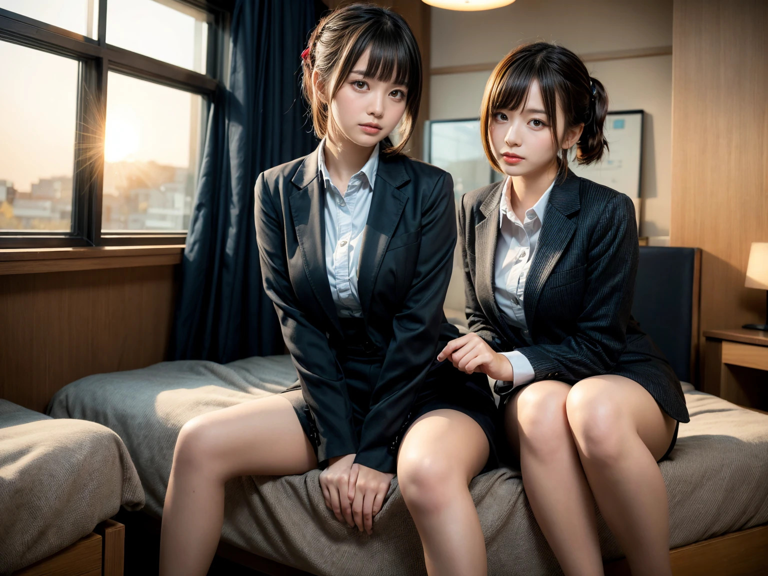 8k, RAW portrait (japanese woman),masterpiece、Photoreal:1.2、realistic, ultra high resolution, highest quality, real life photos ,( in the evening :1.1),
((((1 female:1.5)))), (((Two girls showing off their panties in the room)))、(cute face:1.3)、japanese woman,((office lady))、((本物のoffice lady))、((suit:1.6))、 long hair,,slender body,、in the room、
big, beautiful, detailed eyes, black hair,(Depth of written boundary:1.3)、 ((dark brown eyes:1.2))、(realistic skin texture:1.3)、(Immersive atmosphere:0.8、chiaroscuro:1.2) 、(look viewer:1.4)、((embarrassing))、((red cheeks:1.3))、((from belowの天井:1.2))、(smile:1.2)、((very small silk panties:1.3))、((panty shot))、((woman rolling up her skirt))、((from below:1.15))、((panties close up:1.4))、((panty shot))、the most beautiful woman in the world、the most beautiful woman in the world、((spread your legs to the side:1.4))