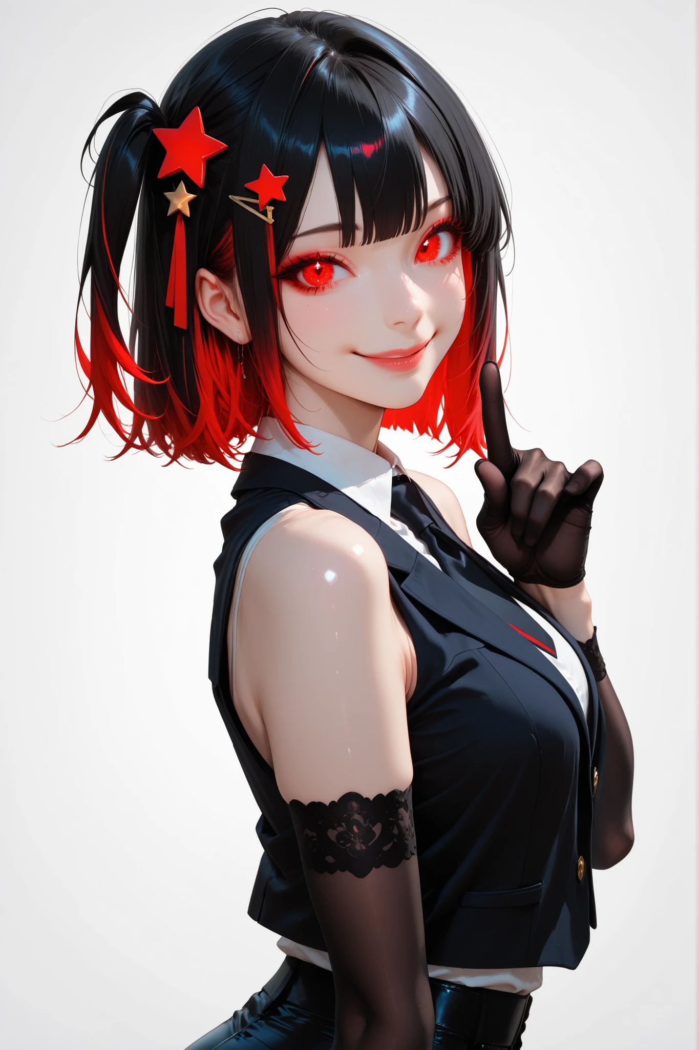 woman、one side up hair、transparent_background、sexy、sleeveless cut and sew、shorts、Red color eyes、Red highlight hair、black color hair、tie、blazer、smile、shiny hair、star shaped hair pin、peace sign、colored_eyelashes、sharp eyes、supright straddle、back、wearing elegant gloves、her index finger extended in a ‘shh’ gesture