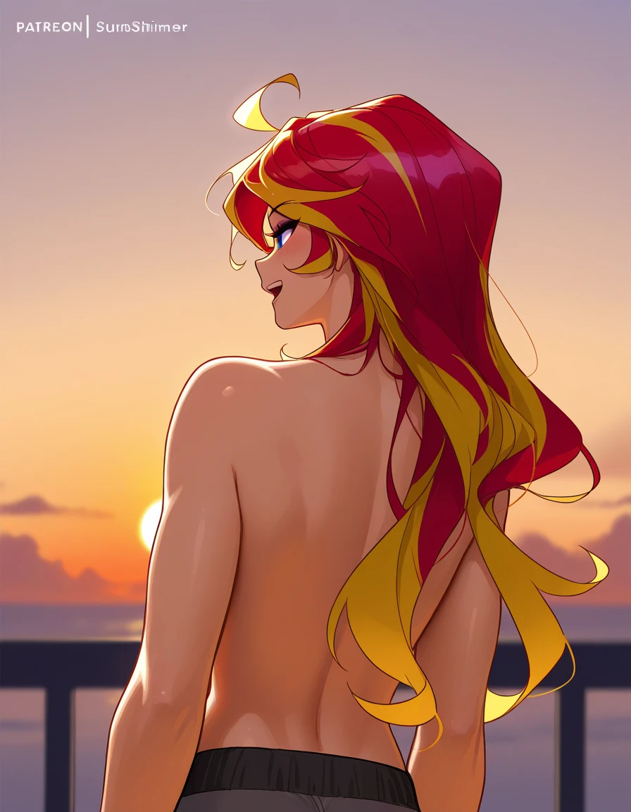 STICKER, (solid outline:1.3), (NSFW:1.2), A detailed illustration of a vivid Sunset Shimmer kneeling down, topless, full-Length, Sunsethuman, Sunset Shimmer breasts exposed, Sunset Shimmer from my little pony, Sunset Shimmer in the form of a girl, big breasts, lush breasts, voluminous breasts, detailed hands, two tones of hair, red and yellow hair, solo, one character, medium body, turquoise eyes, gentle smile, simple sunset, very beautiful fantasy art, beautiful and elegant female pony girl, red and yellow colour palate, red and yellow colour-theme, vintage t-shirt design, in the style of hand drawing, 3D vector art, fantasy art, watercolour effect, Adobe Illustrator, hand-drawn, digital painting, low-poly, soft lighting, isometric style, retro aesthetic, focused on the character, 4K resolution