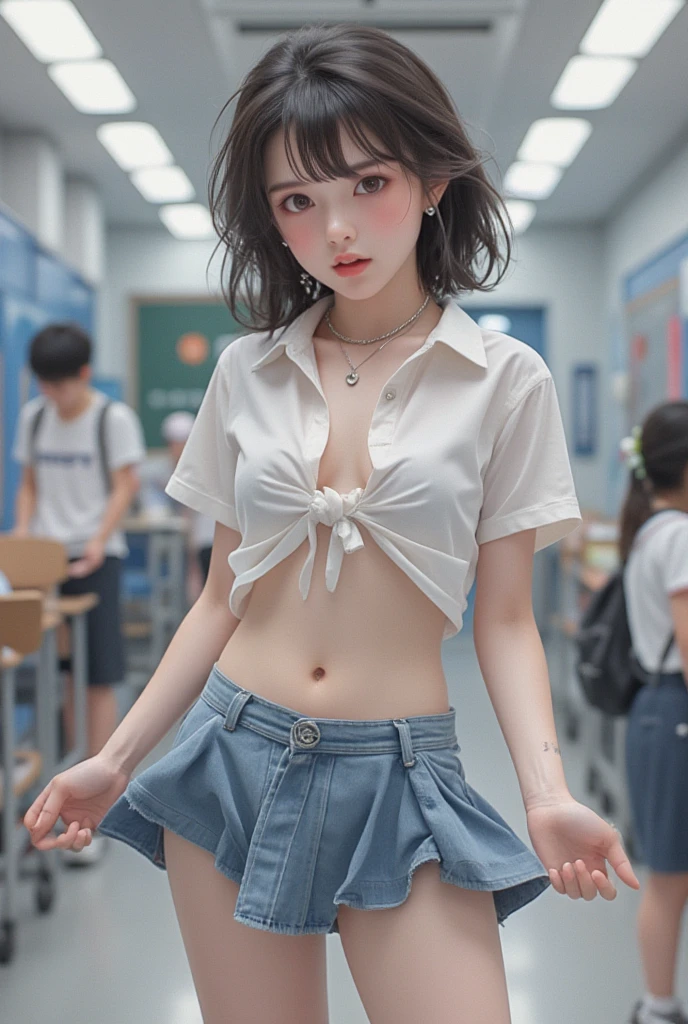 Pubic hair grows、Smile full of happiness、((Don't wear panties:1.3))、Transparent panties、、Panting face、Lacking、After being attacked、Tattered high school girl costume(Plaid miniskirt)、a sailor suit、Sweating、Expression in a state of excitement、short-hair、eye glass、Almost completely naked、Jumping、(((chest open and fully visible:1.5)))