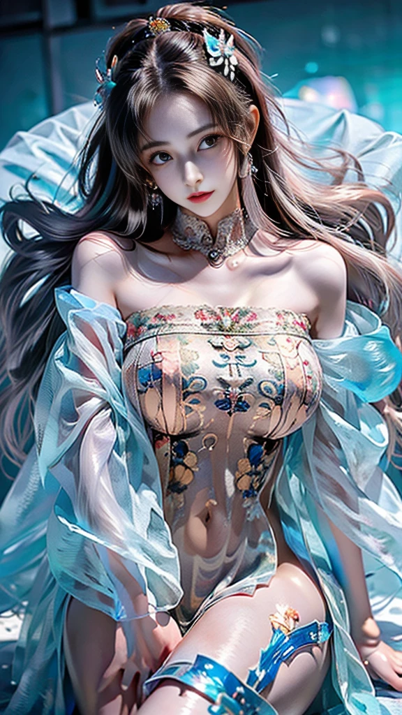 loose outfit、Show shoulders、White and blue see-through dress、How to wear white and blue gowns、Decorated with intricate patterns and bright colors、Transparent material that makes the skin shine、Artistic depiction of seductive woman in gown with wet thin cloth and transparent skin, Floral and fantastic pattern with flowing silky traditional see-through skin。Her dress draped elegantly around her curvaceous figure、Emphasizes her charming silhouette。She's a gentle fireworks night、Dynamic Posing、Sexy Posing、bathed in the soft glow of moonlight。The scene is、With a hint of mystery and sensuality、It exudes an ethereal dreamy atmosphere。The image style is、It incorporates a blend of watercolor and digital illustration techniques.、It makes you feel delicate beauty and charm。Soft moonlit lighting、Cast gentle highlights and shadows on her mesmerizing features。Dynamic Posing、Bold poses、The hand is somewhere、see -through、show through、A sexy、Wet hair、Wet、（cherry trees、flower petals、cherryblossom、The cherry tree、Sakura Snowstorm 1.5）、buried、Transparent skin、Wet clothes、（Chest 1.2）、Navel Ejection、Swaying in the wind、Burgundy、pale red、（Slouch 1.5）、Lace color、lace choker、a choker、Lie on your back on the surface of the water、