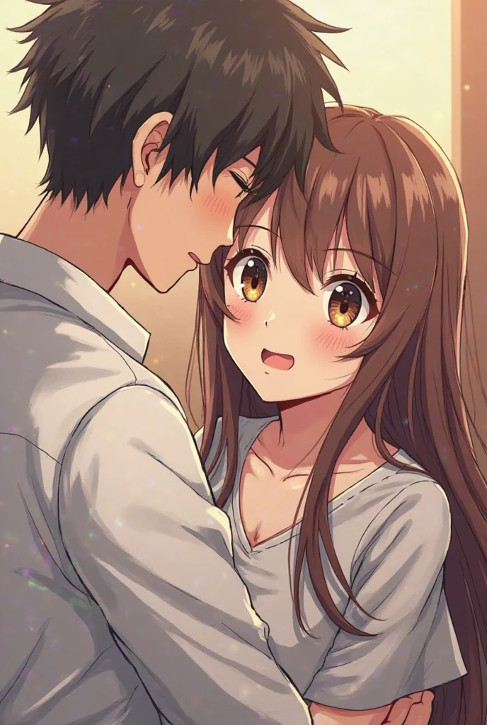 "A twenty one Year-old thin anime boy with short black hair playfully holds his sister from her back in a warm, cozy room. He's smiling in a mischievous, flirty yet cheerful way, while she laughs yet full of shyness, leaning slightly forward. Both are casually dressed, with the boy wearing a black t-shirt. The room is softly lit, with warm tones, creating a lighthearted and affectionate sibling moment."