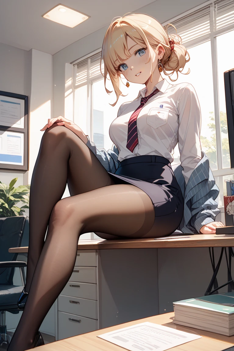Short haircut、Blonde、tits、office lady、stockings、Open your legs while crouching、Perfect body