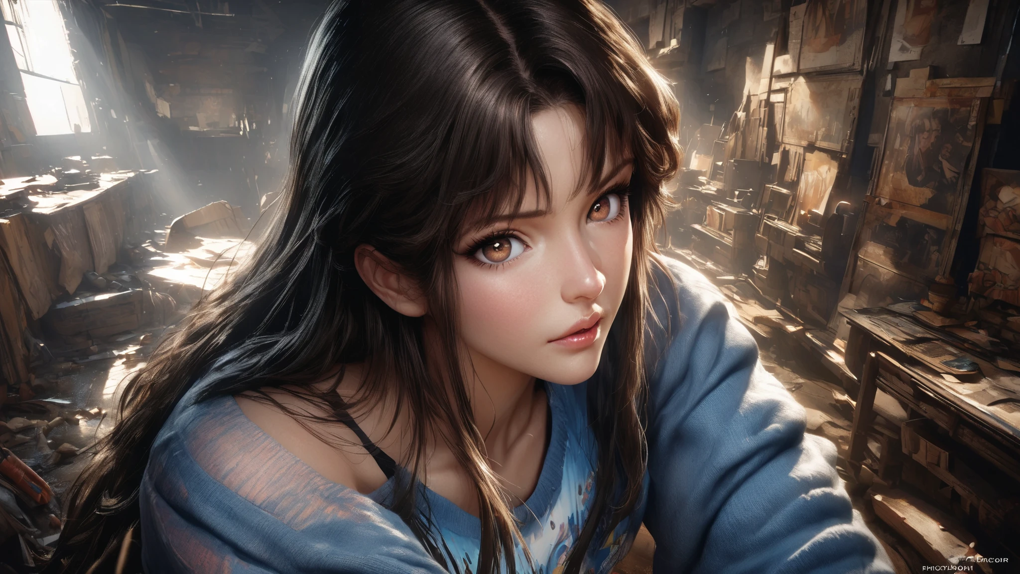 Masterpiece, best quality, very detailed, ultra-high resolution, (photorealistic sweatshirt: 1.8), unreal_engine, фотография, realistic sweatshirt_skin_texture, wallpaper, 1 boy, Hayato Kasukabe, Japanese face, (ultra detailed face), 8 k, is gaining popularity on ArtStation, very detailed , best quality, overdetailed, realistic sweatshirt, Hitomi Kisugi , 1 girl, Beautiful girl, long black hair, beautiful detailed eyes, beautiful lips with detailed elaboration, eyelashes, beautiful eyes, beautiful brown eyes, detailed face, pretty face, pretty face, blue jumpsuit, dressed in blue, thin yellow belt around the waist, bright colors, HDR, studio lighting, sharp focus, in action in relation to the viewer, poses for the viewer