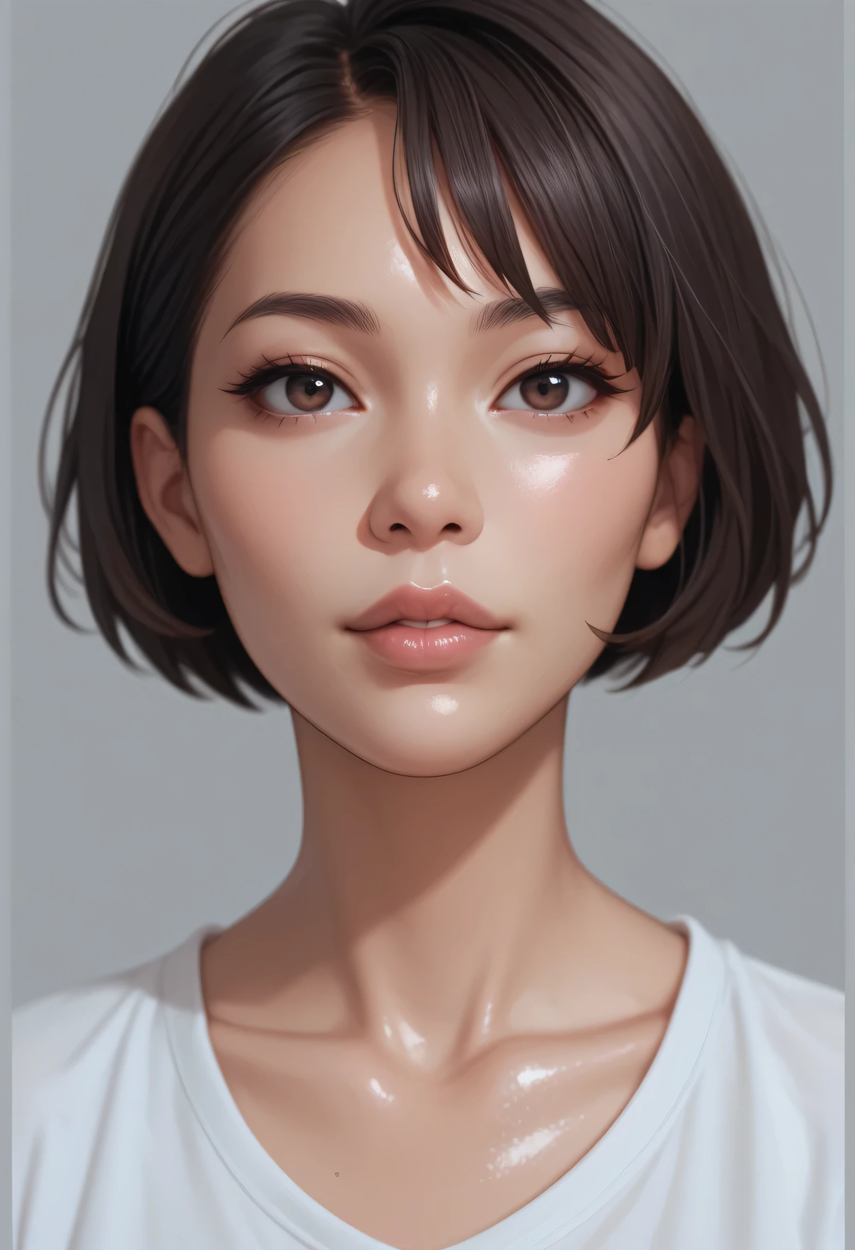 1girl, solo, grey background, lips, short hair, nose, shirt, asian, collarbone, looking at viewer, simple background, artist name, white shirt, shiny skin