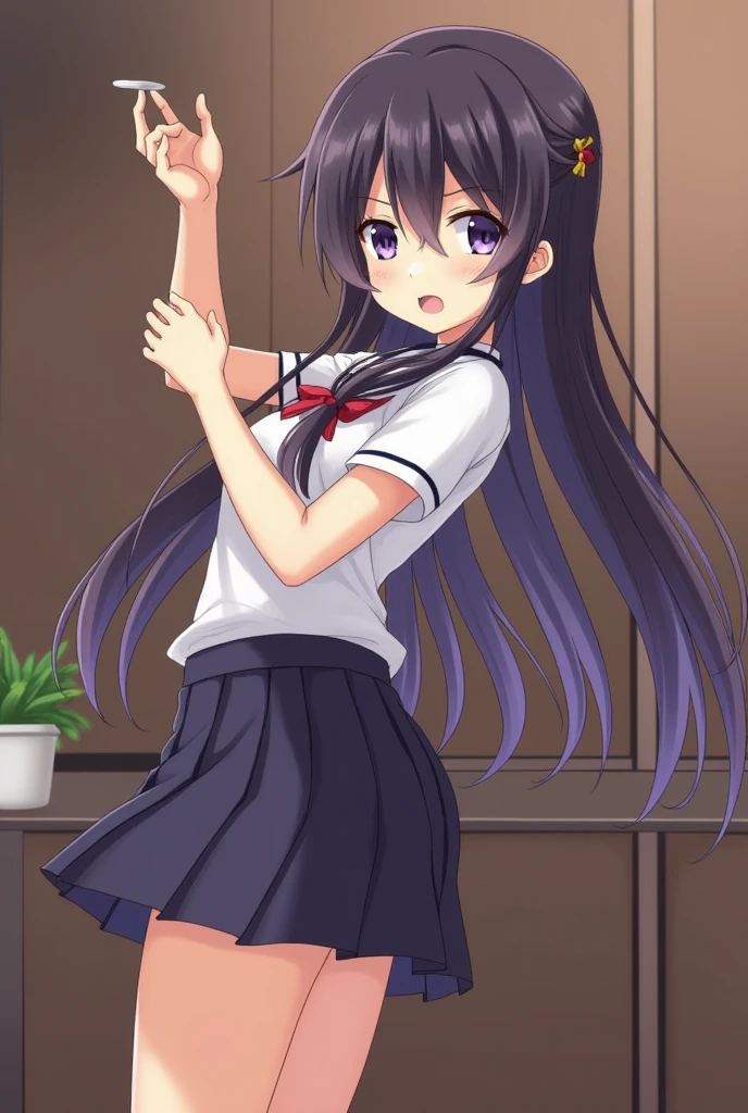 Masterpiece, Ultra quality, 1 girl, mouse-like species, mouse tail, big mouse ears, mouse whiskers, small nose, long shiny brown hair, purple eyes, mirada tender, looking at the viewer closely, pleading look, long pink skirt, white striped shirt, long brown boots, Pearl Necklace, tender