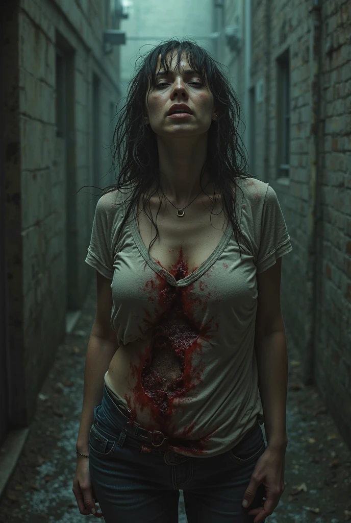 Une belle femme dénudée avec une robe déchirée, abîmée avec des taches de ketchup sur sa robe et son visage
