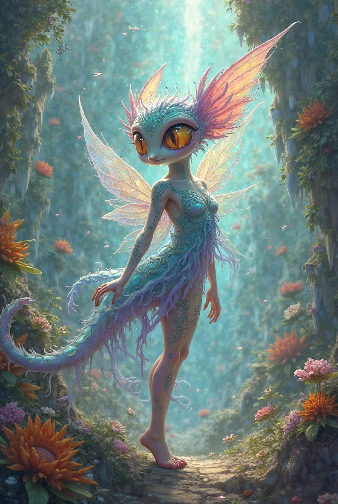 (best quality: 1.4), (masterpiece: 1.2), detailed, complex, high resolution, iridescent colors, A charming and fascinating creature with otherworldly forms that blend the best aspects of the monster human form and the innocent charm of a precocious child, scales, wings, blue, texture, complex, gorgeous, 3D, highly detailed, decorative style, Tim Burton, Dale Chihuly, Bruce Zheng, Cyril Rolando, H. R. Giger $plastic$ Grid: Real Lenoid afremov style, wet, fire