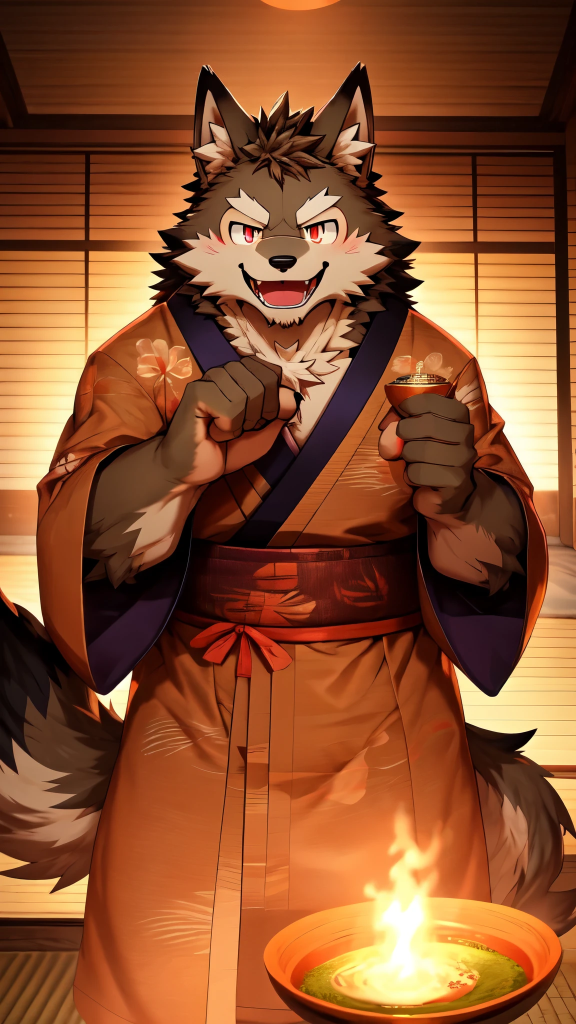 temujin,temujin, wolf boy, tusks, furry male, furry, male focus, 1boy, solo, wolf ears, green kimono, japanese clothes, kimono, bara, facial hair, cum, animal ears, open kimono, stomach, goatee, abs, muscular male, open clothes, pectorals, blush, muscular, hair between eyes, hakama pants, feet out of frame, bulge, mature male,ejacuculation under clothes,standing , fullbody , toe,highres,4k,8k,16k