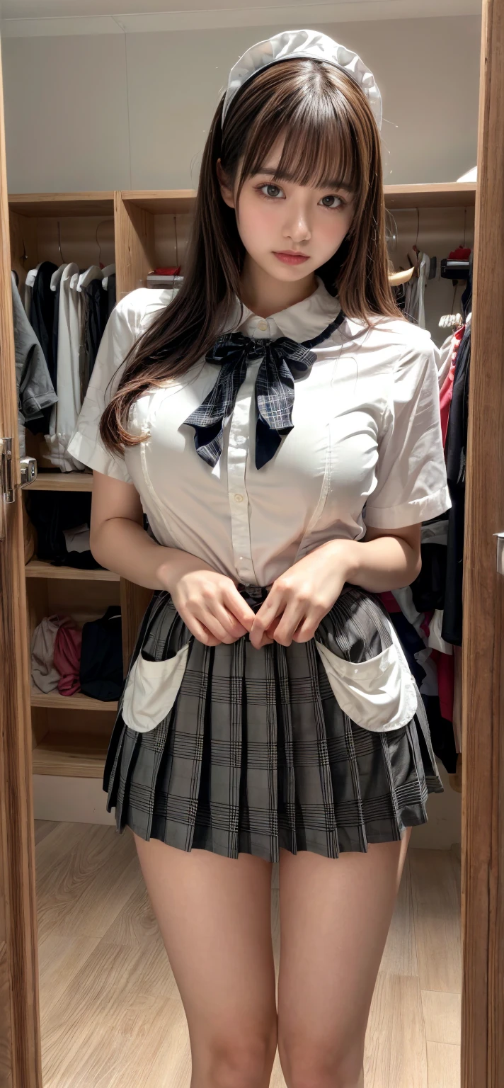 masterpiece, best quality, illustration, Super detailed, fine details, High resolution, 8K,wall paper, perfect dynamic composition,(Details High quality, realistic depiction of eyes:1.3), (Toilet cubicles:1.2), (urinal)、High school girl uniform、blazer 、Super Short Check Uniform Skirt、Navy blue high socks、garterbelts、 large breasts, expresses the roundness and softness of your chest, Don't expose it、Disturbed uniform, ponytail, black hair color, Big Natural Color Lip, perfect body shape, crying a little、Harajuku style、20 year old girl、cute type, beautiful legs, Gravure Idol