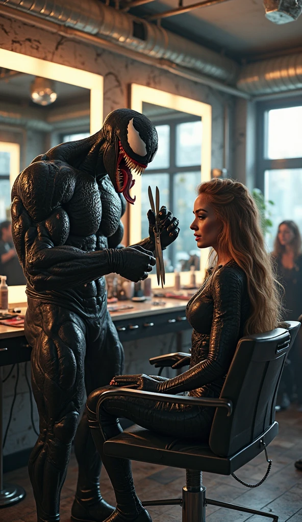 A striking fashion photoshoot featuring Cthulhu in a sophisticated business suit and a beautiful Scandinavian model wearing a revealing deep-v minidress. The background is a sleek, modern studio with industrial elements such as exposed brick and steel beams. The overall tone of the image is high-fashion and edgy, with each character exuding confidence and allure. The ultra-detailed, high-definition photography captures every intricate detail, from the shimmering fabric of the model's dress to the mesmerizing, otherworldly eyes of Cthulhu., photo