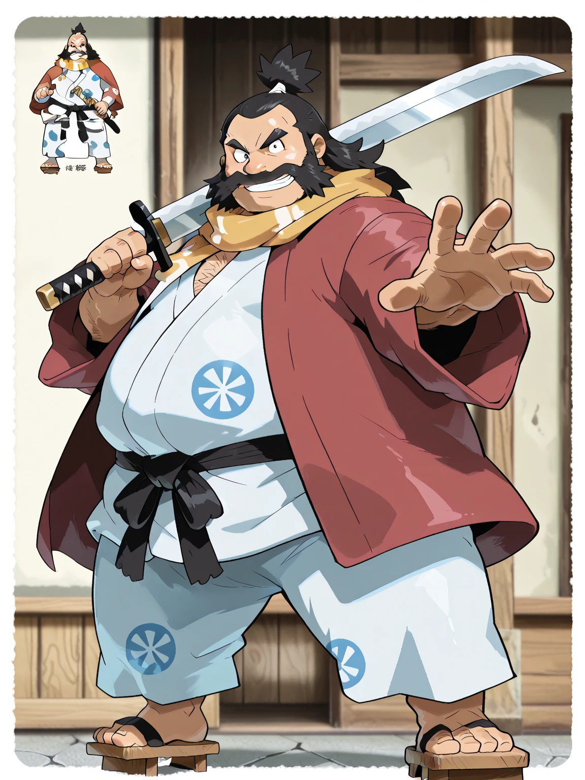 （（（One Japanese old man））），smile，Long eyebrows，long hair，Unkempt beard，（（Chubby round face））），big round nose，full body， Immortal ，masterpiece,high quality work,great quality，  old man  ，hairy，my thighs are thick，big round glasses，Sturdy chubby body，An elderly samurai，  round face， Shiny Skin，Strong legs have thick ankles，Big Feet，Geta，Are you wearing Karate pants，I'm wearing a rawo kimono，Frame scarf，red hanten，Japanese armor，big thick square fingers，Muscular limbs，holding a samurai sword，long shin ，strong hands，strong fingers