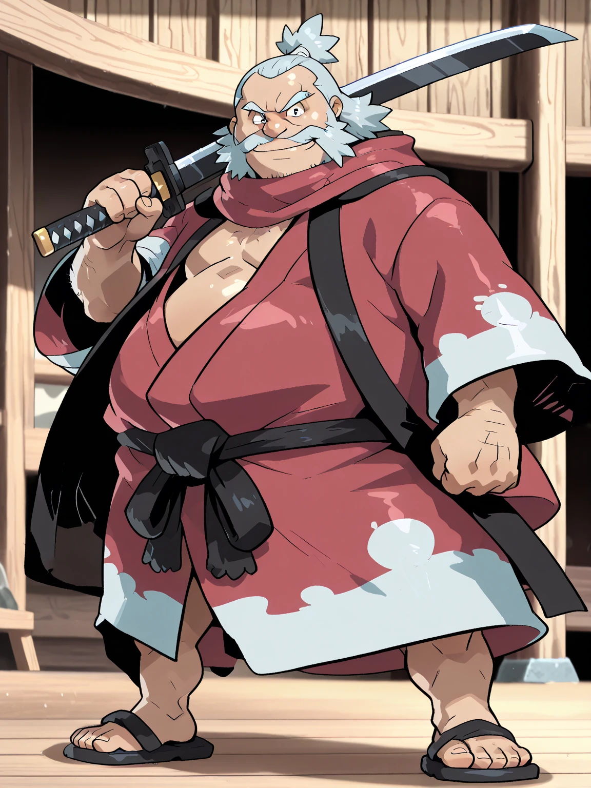 （（（One Japanese old man））），smile，Long eyebrows，long unkempt gray hair，Unkempt beard，（（Chubby round face））），big round nose，full body， Immortal ，masterpiece,high quality work,great quality，  old man  ，hairy，my thighs are thick，big round glasses，Sturdy chubby body，An elderly samurai，  round face， Shiny Skin，Strong legs have thick ankles，Big Feet，wearing clogs，wearing a kimono，Frame scarf，red hanten，Japanese armor，big thick square fingers，Muscular limbs，holding a samurai sword，long shin ，strong hands，strong fingers