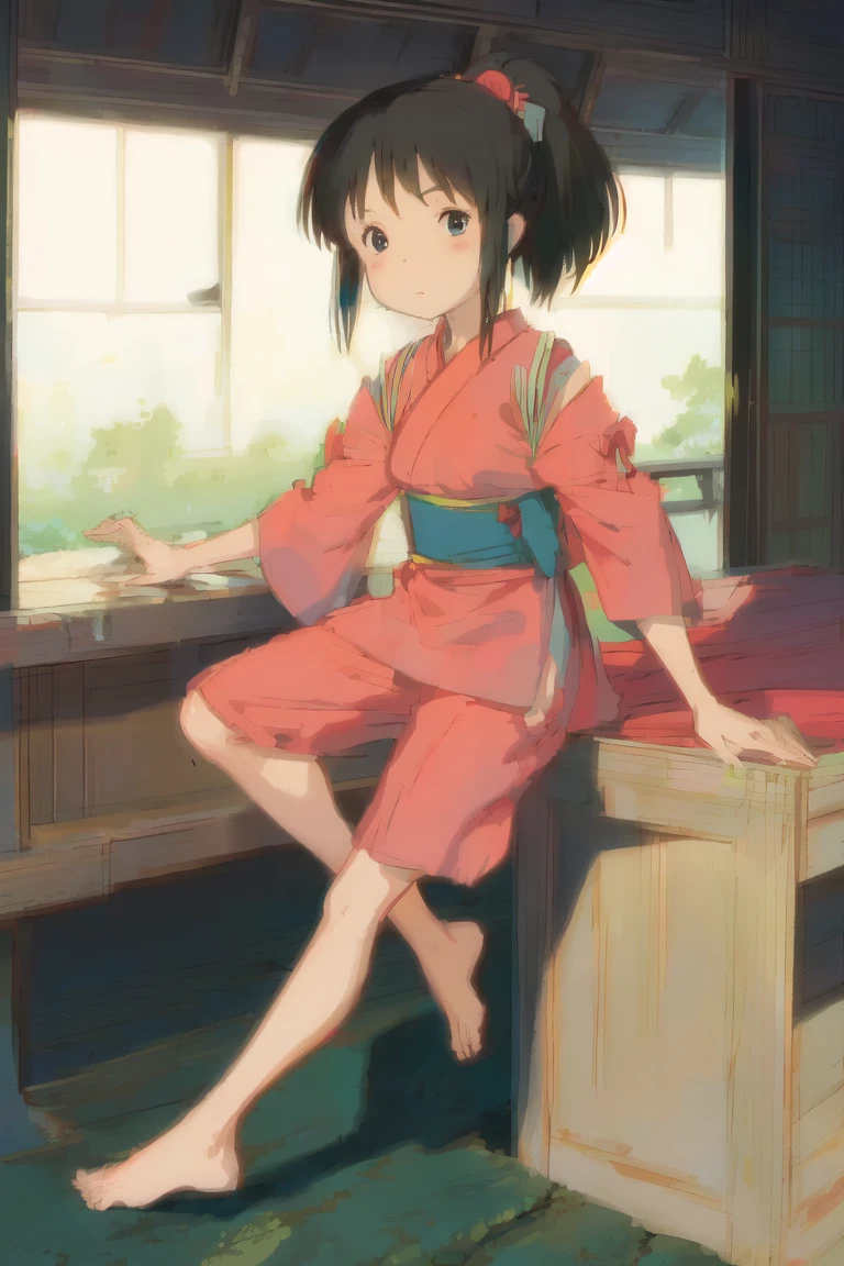 A girl sitting at a traditional tatami room, with paper lanterns and sliding doors, enjoying her music.