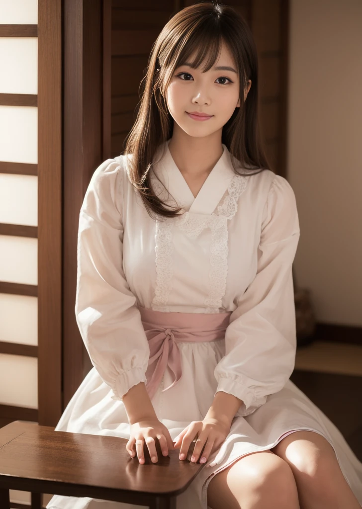 (8k, RAW photo, best quality, masterpiece:1.2), (realistic, photo-realistic:1.4), (extremely detailed 8k wallpaper), Japanese 20 age woman,She is wearing a housecoat,The background is a childhood friend's house,She is relaxing at home.She is wearing a skirt,Her face looks like she's smiling and having fun