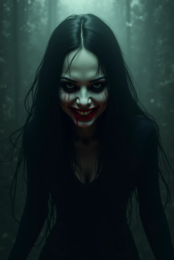A female demon figure with long flowing hair and a scary face without eyelids and wide eyes is staring at the camera with a crazy look while smiling widely and terrifyingly., ,4K,ultra HD,Realistic, horror photography,dark