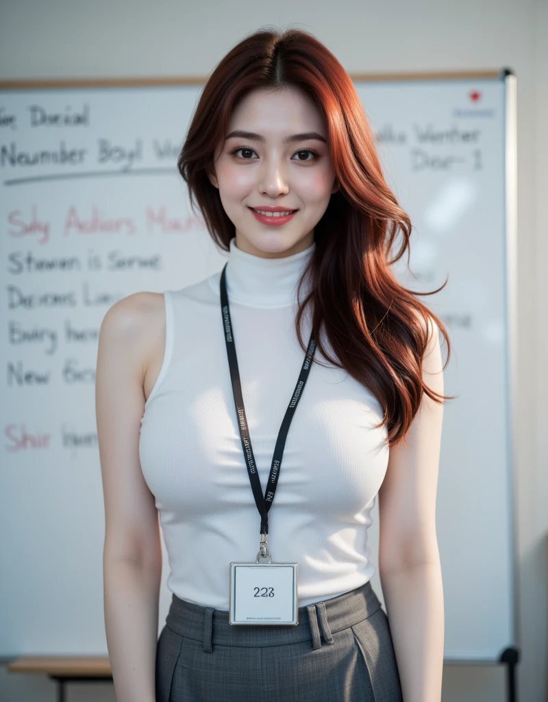 a beautiful 40 year old redhead teacher . Sie hat ihre lockige Haare zu einem Pferdeschwanz gebunden. Sie steht in der Schule vor der Tafel und unterrichtet. She is wearing a very seductive short erotic dress. It is very thin and unbuttoned wide. Teilweise ist unter ihrem Kleid zu sehen, She wears suspenders with a pattern on them, She looks mischievous and has a seductive smile,she wants to seduce you. Sie ist erregt,