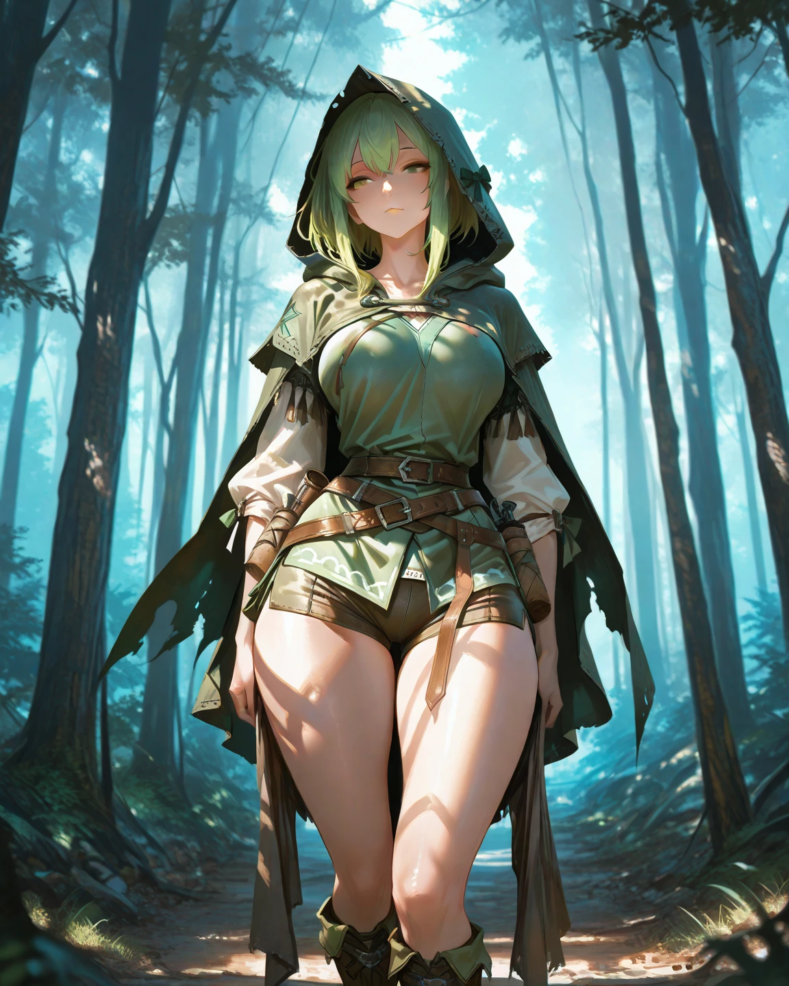 beautiful fantasy ranger woman in the forest, very small clothes, very revealing clothes, see through clothes