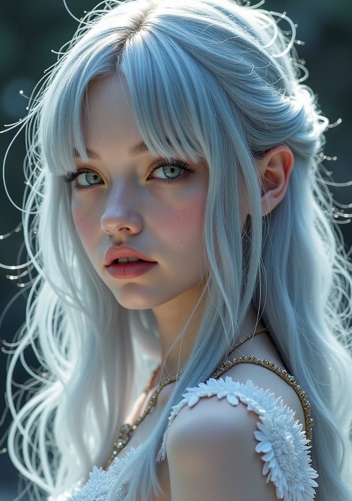 Girl, spellcaster, viridian green and silver uniform, silver hair, wear tiara, wear transparent face bandana, round face, detailed face, picture form top to knee, sexy pose, big chest, look at camera, camera from top to bottom, detailed, photorealistic, best quality, grass background