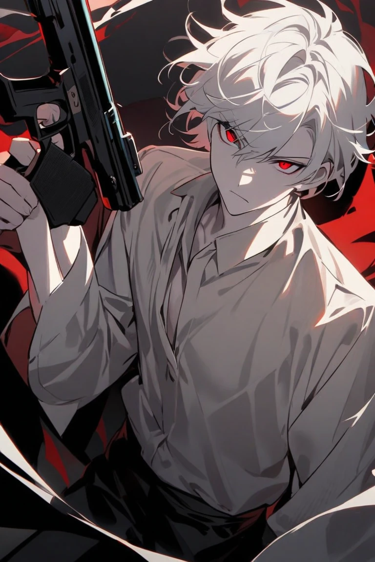 1 Boy , white hair , red eyes , Has a spider tattoo on his neck. , smoking , Bad Boy , wearing a black suit , injury , Masterpiece , best quality ,bloodstain , Handsomeness , white skin , nonsense , cool , Has Alpha label , in hand holding gun