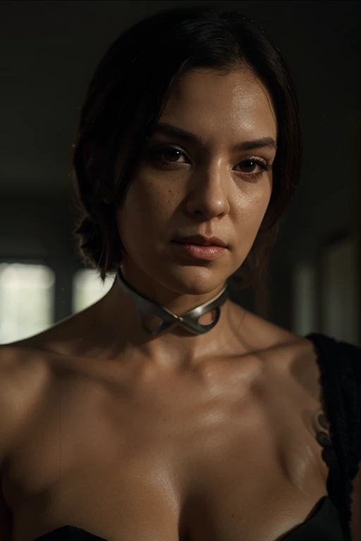 Scarlett Johansson, (bdsm, bondage, muzzled, drool dripping, drool dangling) cleavage, sexy bra, 8k, realistic, drool on chest, close up head and upper body, pleading eyes, drooling, wet, muzzle harness, breath control, breathplay, torture, horror, red hair
