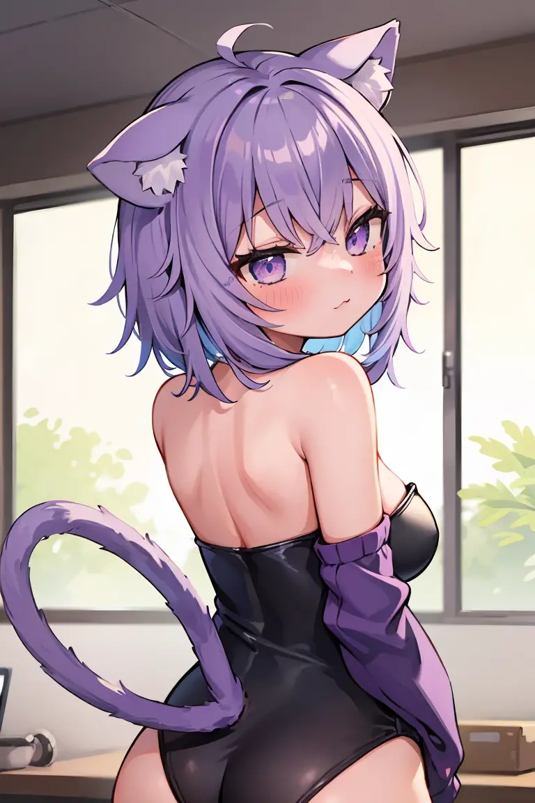 NSFW,Hololive,Nekomata porridge,cat ears,cat tail,purple wedding dress,mini skirt,lilac lace panties,garter belt,wedding gloves,mischievous look,leaning forward and sticking out the butt,Sweat,hotel room