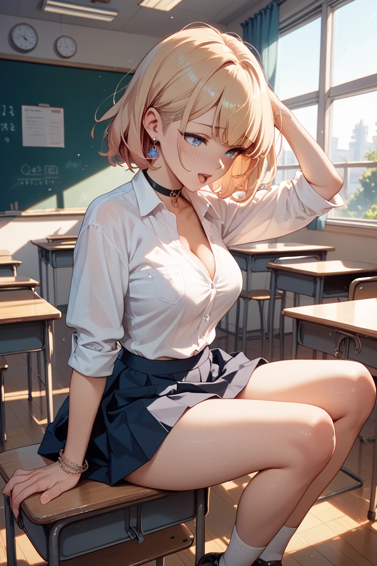 ((Tabletop, Highest quality, High resolution, Hmph, Pixel perfect, 4K, Hmph, Hmph))), One Girl, single, alone, Beauty、The whole body is visible、 ((Short Wavy Hair, bangs, Blonde)), Earrings, (dark skin:1.5), grin, ((Brown eyes, Beautiful eyelashes, Realistic eyes)), ((Detailed face, Blushing:1.2)), ((Smooth texture:0.75, Realistic texture:0.65, Realistic:1.1, Anime CG Style)), Big Tits, Dynamic Angle, Perfect body, ((school uniform, White shirt, Black Skirt, Unbuttoned shirt、Checked skirt、I'm not wearing shoes、White Sox)), (cleavage), An empty classroom、Sit at a desk、Lower'I took my feet off the desk.........................................、evening, (Lift up your skirt with your right hand、Spread your legs、Knees wide open、Black extreme micro string panties)、、(Light blue lace bra)、Angle from below