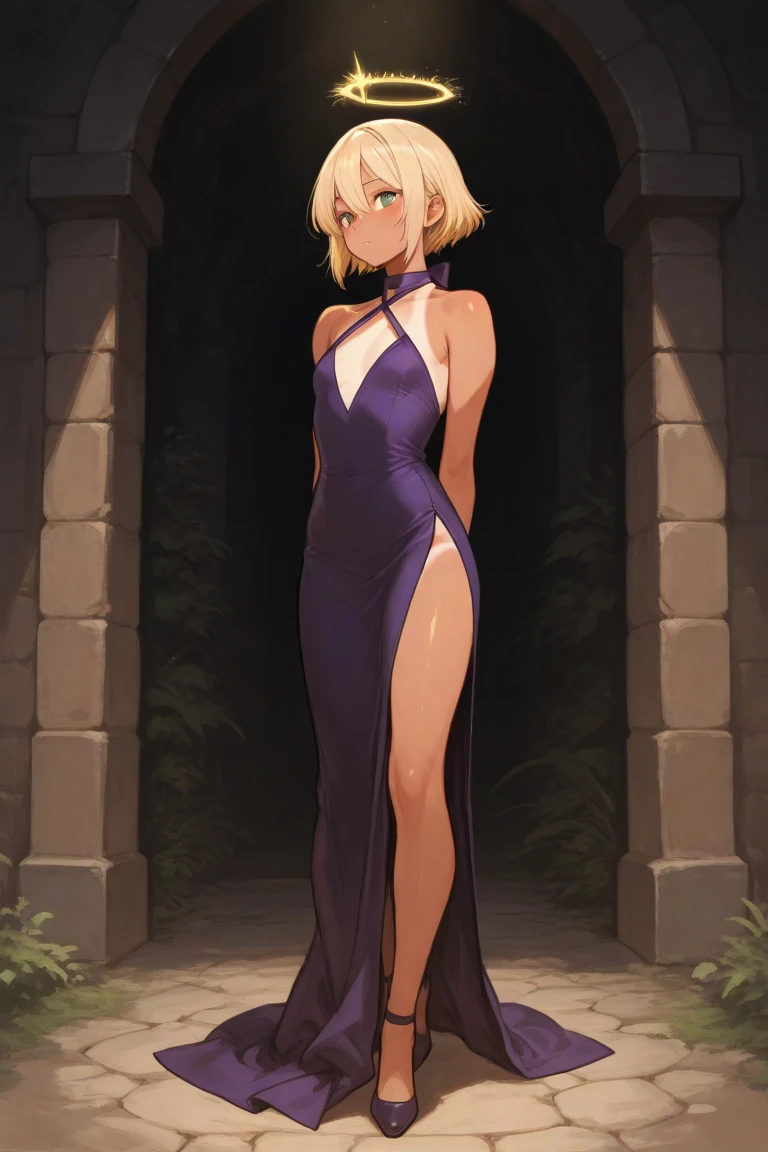 Highres witch, blonde bobcut hair, collarbone, lewd smile, blushed, small breast, completely naked, choker, hairband, round earring, fully naked, slim body, High string sandals heels, sidebag grimoire book, standing, spread legs, ((detailed background: garden, distant wizard tower)), masterpiece, high detailed, best quality,