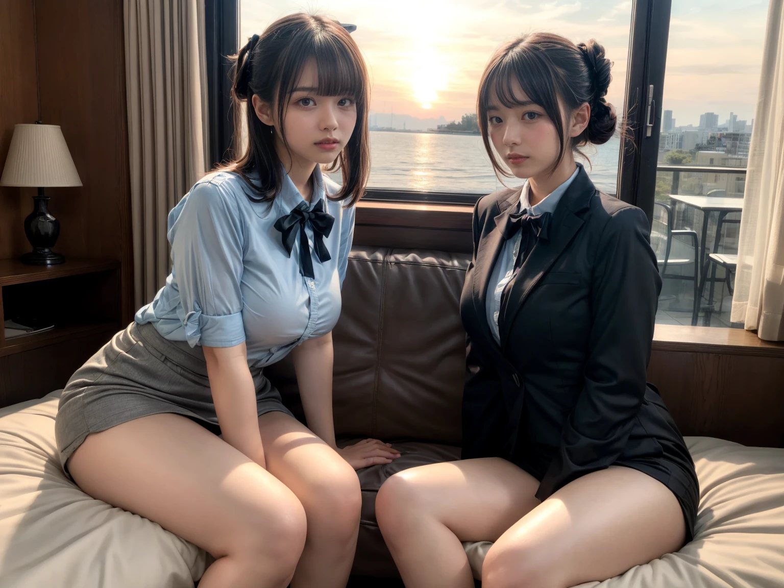 high-definition image, eyes realistic sizing, realistic skin, drooping eyes, smiling, unbuttoned various patterned feminine casual dress, swollen areolas, (squatting and spread legs, masturbation, thin heavily squirting), strong sunlight, braid, old fashion, leaning forward, skyscrapers,