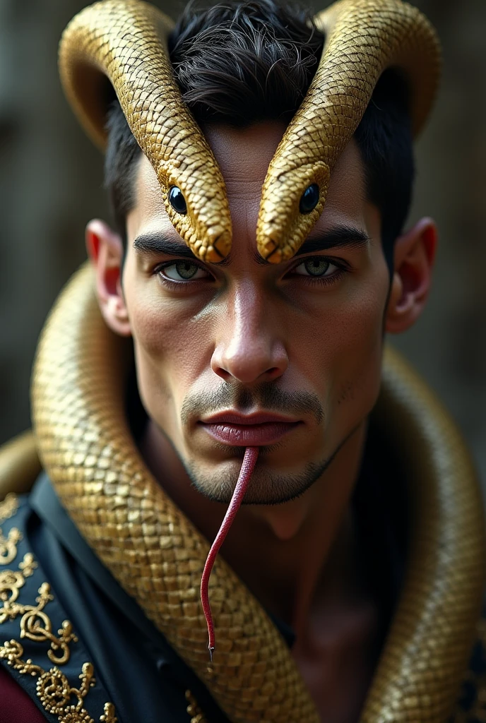 Handsome man with snake eyes and fangs, he has two dicks

