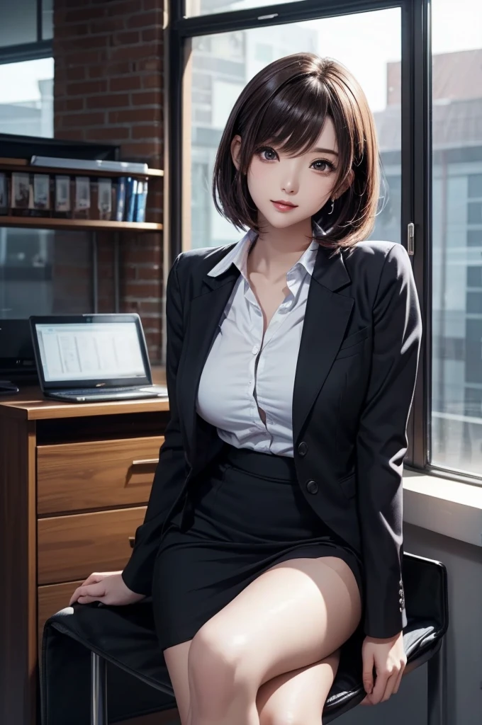 face is :9,1714884241], High-end elite secretary in a business shirt, Work in an office chair、Wearing a strict business suit, (Wearing pantyhose)、(Short Layer Hair)、crossed legs, Wear high-quality heels、 (thighhighs and skirt), Girl in a shirt, Wearing a business suit, Wearing a business suit, in a business suit, businesswoman, business outfit, wearing black business suit, Wear shirts and skirts., Woman in business suit, business outfit, business outfit, Raw foto, (8K、top-quality、​masterpiece:1.2)、(delicate detail:1.4)、(Photorealsitic:1.4)、octan render、Complex 3D Rendering, ultra-detailliert, Studio Soft Light (Studio Soft Light) (Studio Soft Light (Studio Soft Light)), Rim Light, vibrant detail, super detailing, realistic skin textures, Detail Face, Beautiful detail eyes, Highly detailed CG Unity 16k wallpaper, Makeup-, (Detailed background:1.2), Exposed thighs!!!, --auto --s2