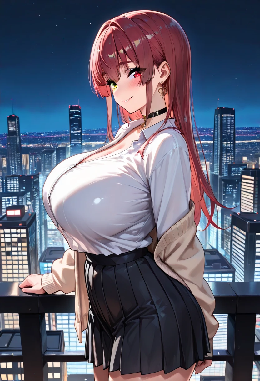 1girl,solo,super detailed skin,shiny skin,wet oily skin,natural face, ,eyelashes,lips gloss,red hair,long hair,parted bangs ,large breasts , button-down shirt,pant,nigh city ,masterpiece,best quality,ultra detailed,high resolution,sharp focus