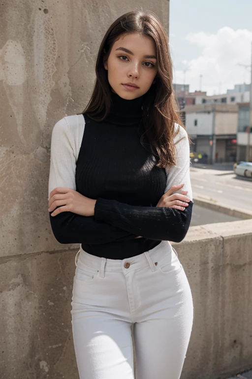 A deep-looking ninja woman with brown eyes and long, beautiful eyelashes, con su traje en color blanco que permite admirar solo sus ojos, su traje se ve resplandeciente rebotando los rayos del sol, his sword in his right hand and the other holding on the floor, con la mirada al frente observando sigilosamente. La imagen tomada con una camara Sony a7c full frame con lente 35mm, con profundidad de campo. Cinematic style with cold tones.