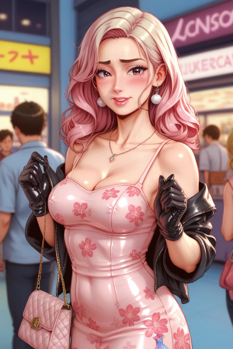 from below, large breasts, sagging breasts, crop top, underboob, wide hips, thick thighs, pink hair, hair braid, indoors, in mall, (pleated skirt, cropped, pink), (masterpiece), (best quality:1.2), absurdres, intricate details, (highly detailed skin:1.2), high saturation