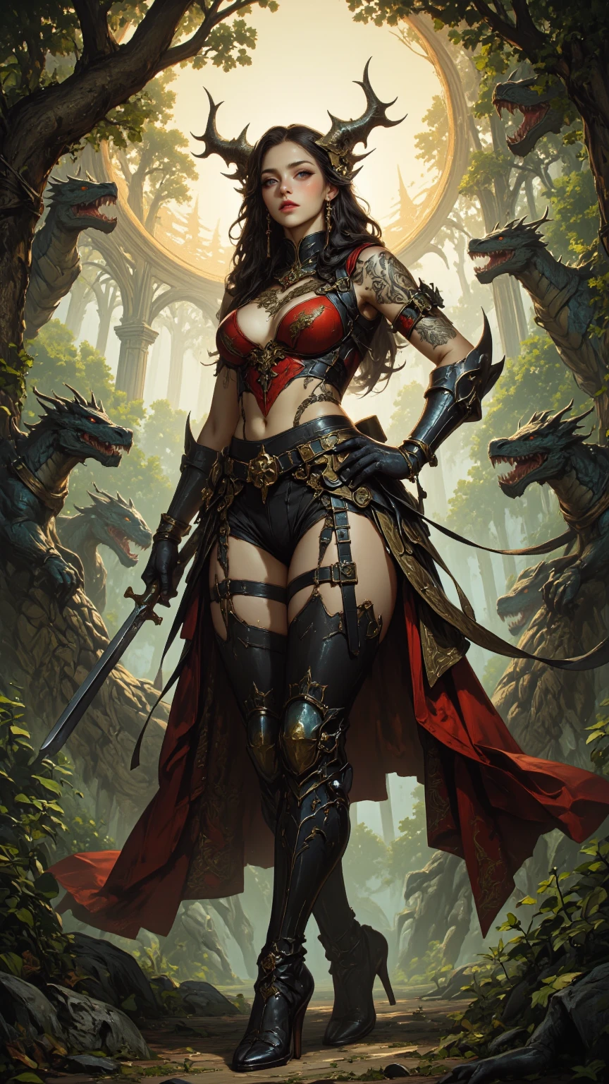 (((mulher))), (((melhor qualidade))), (((obra prima))), (((adulta))), Uma guerreira mulher de 35 anos com corpo perfeito, Brooklyn Gladiators, (( under boobs )), quase nua no estilo selvagem urbano de Simon Bisley para a capa da revista Heavy Metal, cabelo loiro, Minimum clothing, red and white checkered pattern, armadura, cheio de pontas e rebites, tatuagem tribal, (((do joelho pra cima))), cabelo desalinhado
