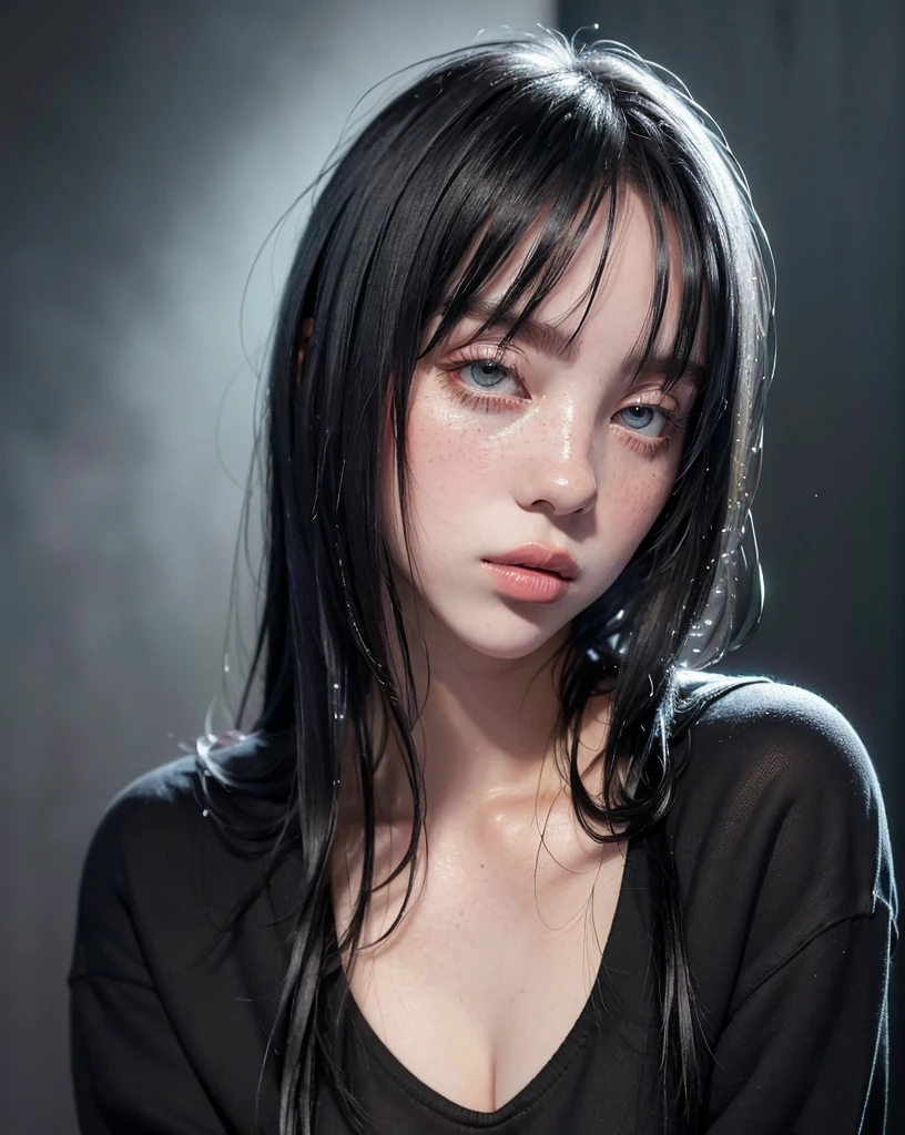An e-girl with bright yellow eyes, with black hair with a white fringe falls gracefully on her shoulders while her fair skin,marvel style
