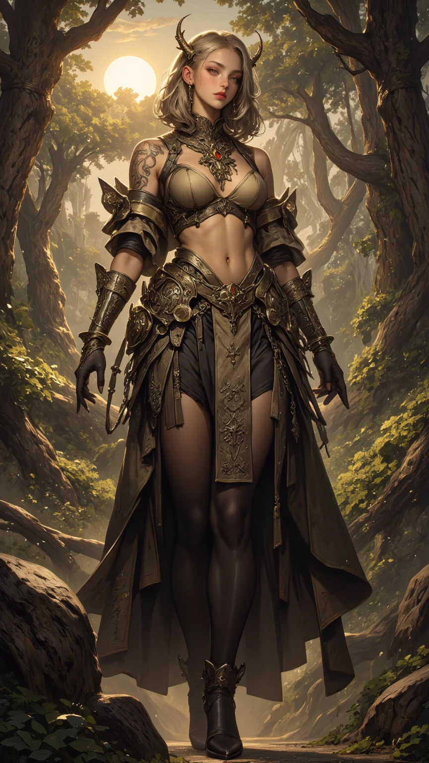 (45-year-old gorgon woman)), in a forest with slightly Aura night light, (perfect body), with armor and relics, (beautiful perfection), with a threatening look, (ultra detailed: 1.3), (autadefinition: 1.6) --auto --s2
