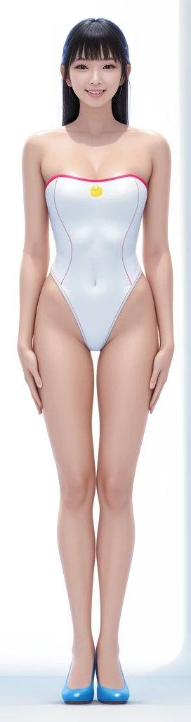On a white background,A tall and beautiful Chinese girl,with fair skin,Toothy smile,A big smile,When you laugh, Your eyes are crescent-shaped,blunt bangs, long straight hair,Wear a one-piece swimsuit and pumps,Swimsuits are decorated with joyful patterns, Stand up straight,Stand upright,hands on sides,Symmetrical distribution,Ray tracing,All shaded areas,No windows, Soft lighting, Warm light, flood light, n, Studio light, 1.4x Realistic Ultra HD