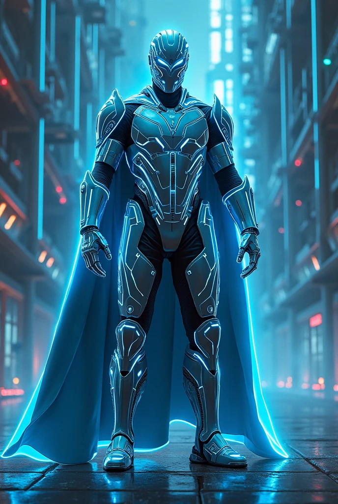 (A muscular, athletic 17-year-old male with blue and black lightning particles emitting from his body), 3D render, clean HD, 8K resolution, highly detailed. Maintain the same color palette as the reference image: blue, gray, white, and black. Convert the attached image to a male character wearing futuristic clothing. Hair should incorporate shades of black, blue, gray, and white.