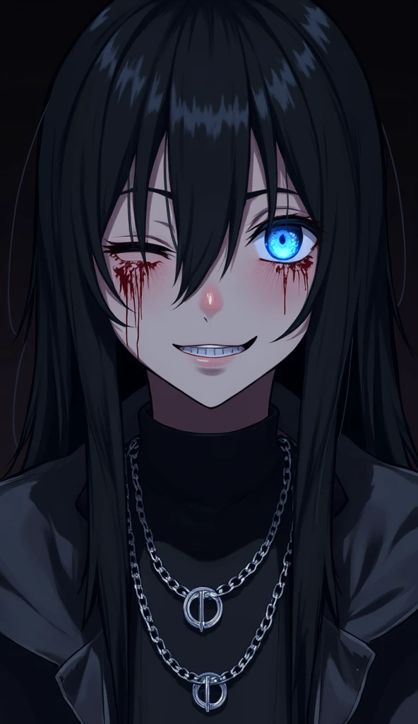 score_9, score_8_superior,score_7_superior, sauce_anime, evaluation_i doubt it, One girl, alone,EPpkNe, blue eyes, Black Hair, Blue Hair, Striped Hair, Single hair bun, Dark Skin, Dark skinned women, Large Breasts, Edgewraith, Hooded cloak, armor, Torn clothes, pale ,wearing Edgewraith , Black Lips, Black Eyeshadow, Black nails, Black Leather, night, alley, Empty Streets, full moon, One \(animal\), Creepy abominations, Green Energy, Malicious forces, Evil Necromancer, an  ominous, Satanic, malicious, Atrocious, Blood, Blood splatter, Blood stain, tooth, Sharp teeth, Grin, Crazy Eyes, Crazy Smile, Monochrome, grayscale, manga, Multiple Views,
