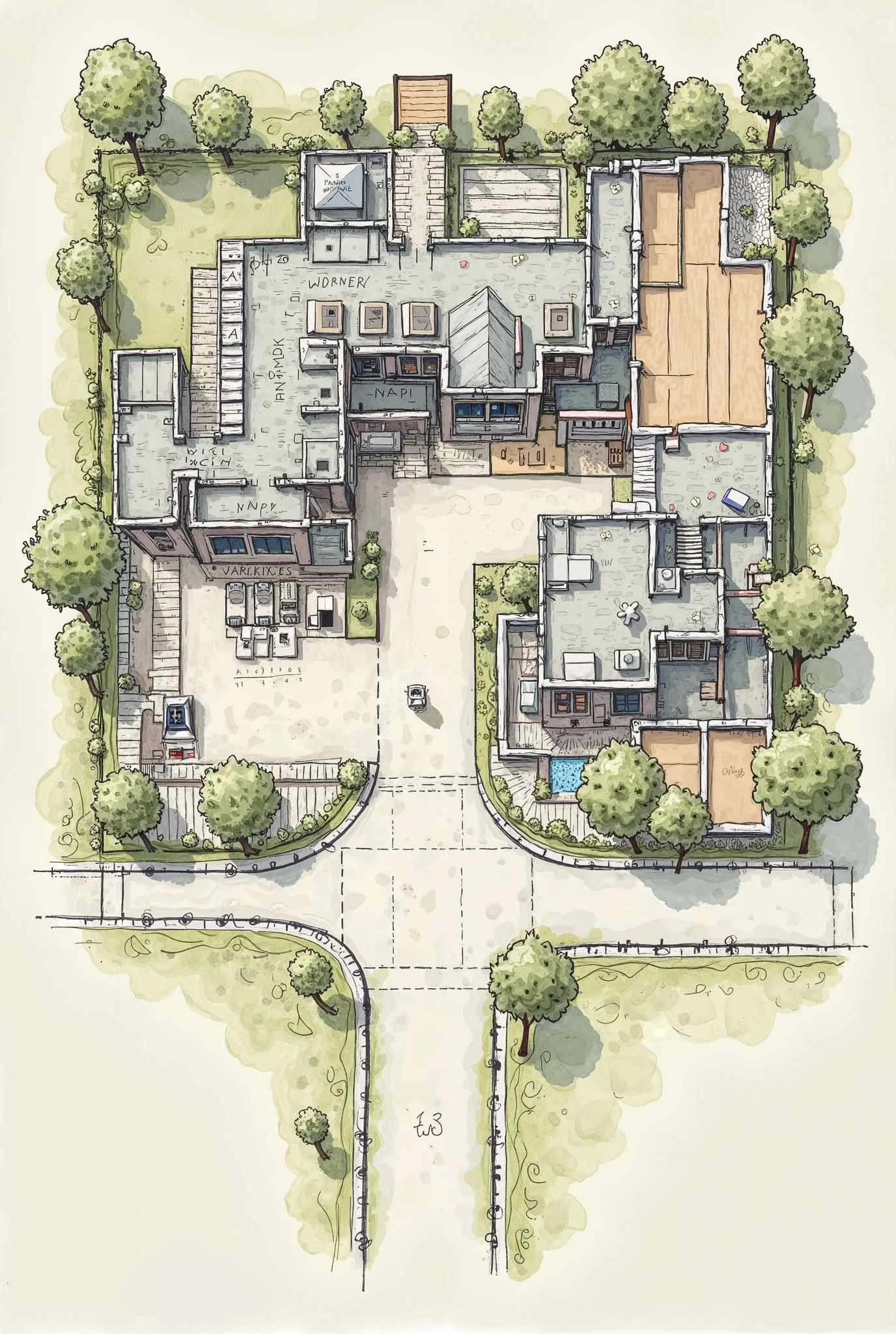 Create a sketch map 
Title Lucy Remi Homeage center 
Including Cooking area, Dining hall, Admin office, car park,  Ware house, house wind, lunch house, apartments, Learning center, driver house and security gate , guard house.
140m length and 130 width 