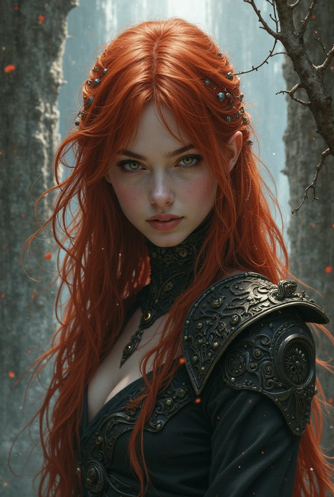 (best quality,4k,8k,highres,masterpiece:1.2),ultra-detailed,(realistic,photorealistic,photo-realistic:1.37), a powerful Sorceress with scarlet hair and piercing blue eyes, black clothes, casting spells in a mystic forest, dark magic