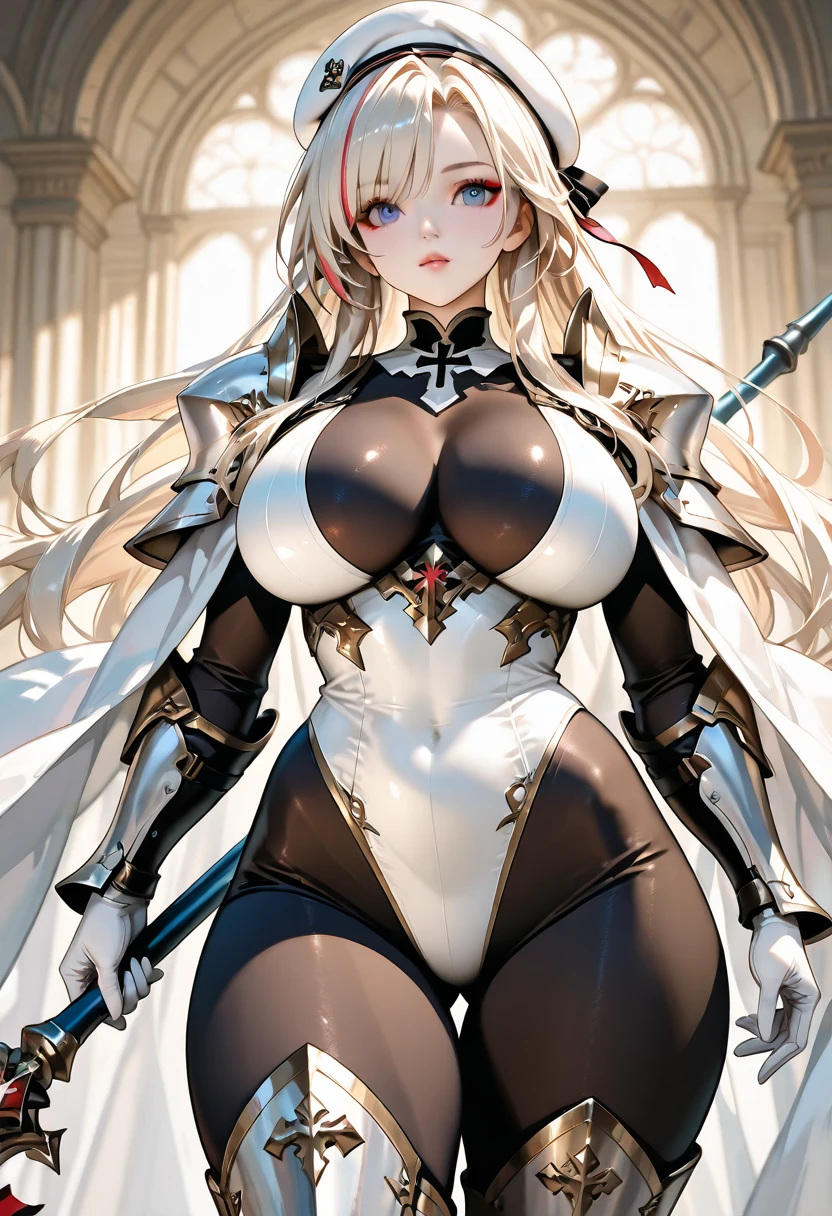lewd nun,Wear an iron mask+,Long flowing blonde hair,(Wear an iron mask:2.0)and armor,Kneeling pose,Metal heels,Wearing an iron mask and armor,Long face,Long face,Long face shape